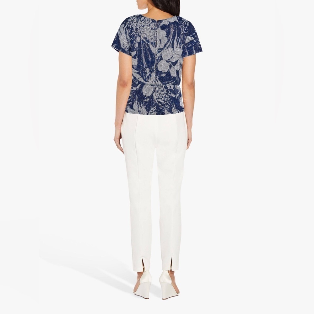 Adrianna Papell Midnight Blue Sequined Floral Peplum Blouse Size 10 - Picture 2 of 10